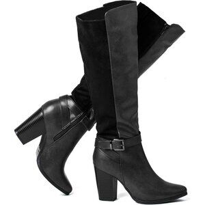 Women's Heeled Knee High Boots Zip Up Chunky Heel Tall Fashions Black Boots